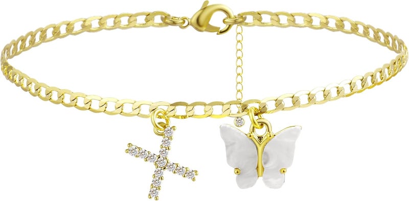 VIROMY 14K Gold Plated Dainty Butterfly Initial Ankle Bracelets Handmade Cuban Chain White Butterfly A-Z Alphabet Letter Initial Anklets Personalized Summer Beach Jewelry Gifts for Women - Image 1
